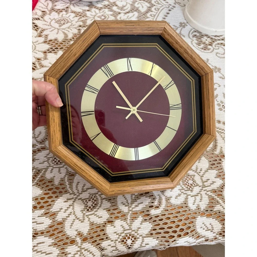 Vintage Octagonal Oak Wood Wall Clock Burgundy Gold Roman Numeral Quartz 11.5in